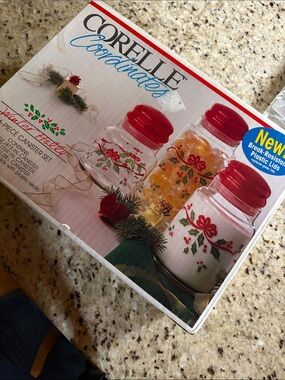 Corelle Holiday Canister Set with Red Lids and Winter Holly 3 lidded jars